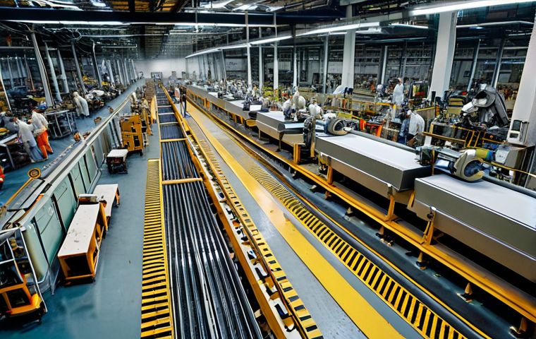 **
A bustling factory floor before automation: Chaotic, with workers rushing, parts scattered, and a general sense of disorder. Highlight the contrast of human activity vs. efficiency.
**