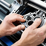 **Mechanical Assembly Close-Up:** A skilled technician carefully assembling a complex mechanical part, referencing a detailed blueprint. Focus on precision, tools, and the transition from plan to tangible object. Capture the artistry and technical expertise involved.