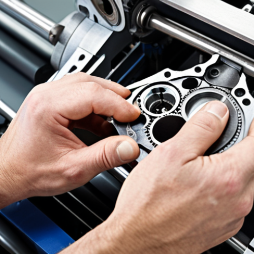 Home 18 **Mechanical Assembly Close-Up:** A skilled technician carefully assembling a complex mechanical part, referencing a detailed blueprint. Focus on precision, tools, and the transition from plan to tangible object. Capture the artistry and technical expertise involved.