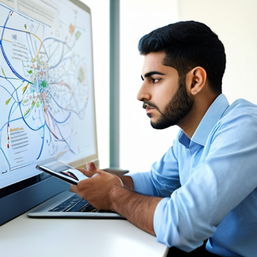 Home 17 A thoughtful Arab male student, mid-20s, dressed in professional modest attire, sits at a clean, modern desk in a well-lit study space. He is looking intently at a large digital mind map displayed on a tablet, which illustrates complex machine processing concepts with intricate connections. A subtle, soft glow emanates from the tablet, symbolizing deep understanding and the 'light of knowledge'. The background is a minimalist, contemporary room, suggesting a quiet environment conducive to learning. The image should convey a sense of insightful contemplation and intellectual growth. perfect anatomy, correct proportions, natural pose, well-formed hands, proper finger count, natural body proportions, professional photography, high quality, safe for work, appropriate content, fully clothed, professional.