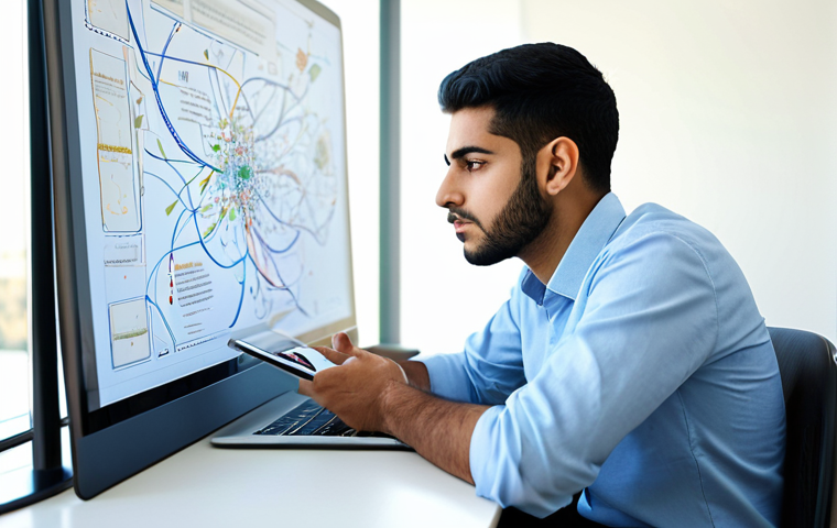 A thoughtful Arab male student, mid-20s, dressed in professional modest attire, sits at a clean, modern desk in a well-lit study space. He is looking intently at a large digital mind map displayed on a tablet, which illustrates complex machine processing concepts with intricate connections. A subtle, soft glow emanates from the tablet, symbolizing deep understanding and the 'light of knowledge'. The background is a minimalist, contemporary room, suggesting a quiet environment conducive to learning. The image should convey a sense of insightful contemplation and intellectual growth. perfect anatomy, correct proportions, natural pose, well-formed hands, proper finger count, natural body proportions, professional photography, high quality, safe for work, appropriate content, fully clothed, professional.