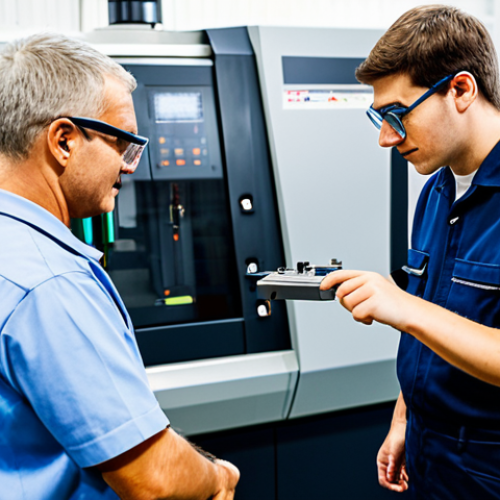 Home 8 A diverse group of professional engineers and skilled technicians, fully clothed in appropriate work attire and safety glasses, meticulously observing a sophisticated CNC milling machine in a state-of-the-art, impeccably clean manufacturing workshop. One engineer is pointing to the machine's control panel, discussing optimal tool selection and process parameters, while another carefully inspects a precision-machined metal component for surface finish quality. The environment is well-lit with natural light streaming through large windows, highlighting the advanced machinery and orderly workspace. Perfect anatomy, correct proportions, natural poses, well-formed hands, proper finger count. Professional photography, high quality, sharp focus, realistic detail, vibrant colors. Safe for work, appropriate content, fully clothed, professional dress.