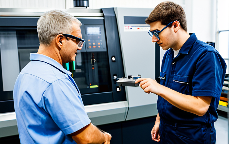 A diverse group of professional engineers and skilled technicians, fully clothed in appropriate work attire and safety glasses, meticulously observing a sophisticated CNC milling machine in a state-of-the-art, impeccably clean manufacturing workshop. One engineer is pointing to the machine's control panel, discussing optimal tool selection and process parameters, while another carefully inspects a precision-machined metal component for surface finish quality. The environment is well-lit with natural light streaming through large windows, highlighting the advanced machinery and orderly workspace. Perfect anatomy, correct proportions, natural poses, well-formed hands, proper finger count. Professional photography, high quality, sharp focus, realistic detail, vibrant colors. Safe for work, appropriate content, fully clothed, professional dress.