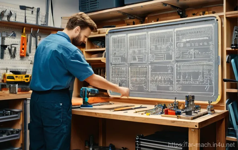 기계가공 실기 필수 지식 - **A Curious Beginner in a Home Workshop:**
"A well-lit and organized home workshop. A young adul...