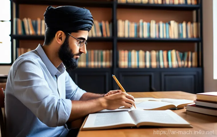 기계가공 자격증 필기시험 준비 자료 - **Prompt:** A young, focused Arab male student, wearing a modest, smart casual outfit, diligently st...