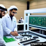 Home 13 기계가공 관련 공모전 참여 방법 - A modern engineering competition setting in an Arabic-speaking country, featuring young Arab male an...