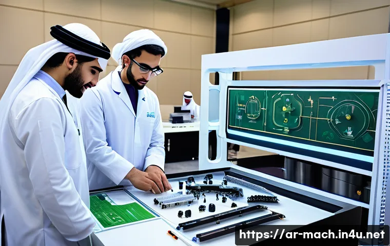 기계가공 관련 공모전 참여 방법 - A modern engineering competition setting in an Arabic-speaking country, featuring young Arab male an...