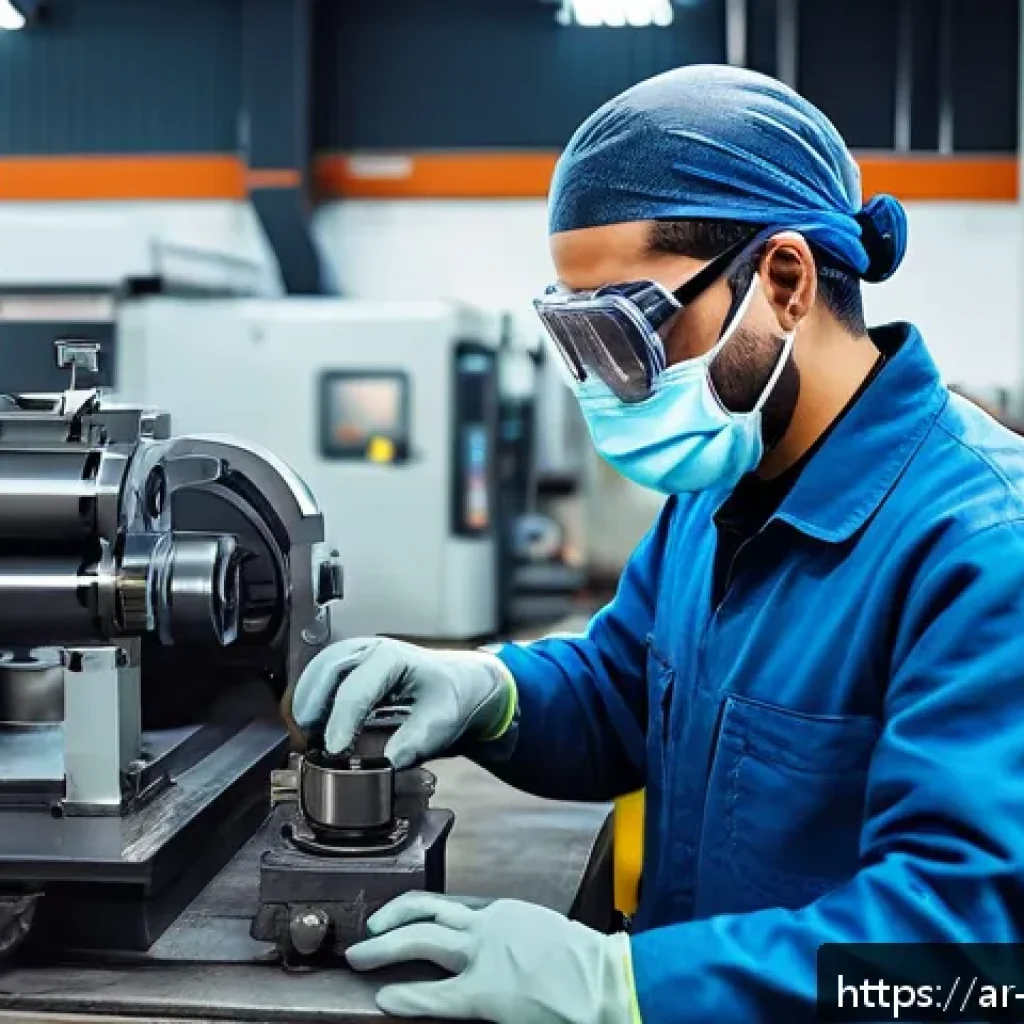 기계가공 자격증 실기시험 대비 강좌 - A professional mechanical workshop scene featuring a skilled Arab male technician wearing protective...