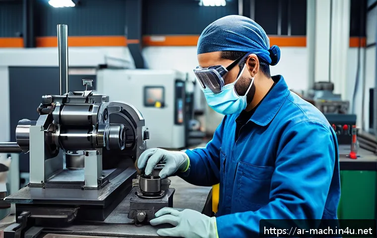 기계가공 자격증 실기시험 대비 강좌 - A professional mechanical workshop scene featuring a skilled Arab male technician wearing protective...