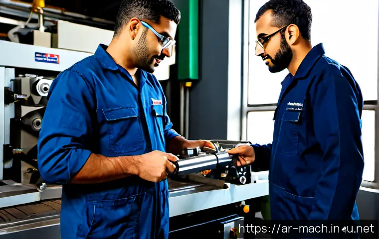 기계가공 이직 성공 사례 - Photorealistic success story scene in a modern precision machining workshop in an Arab Gulf city, co...