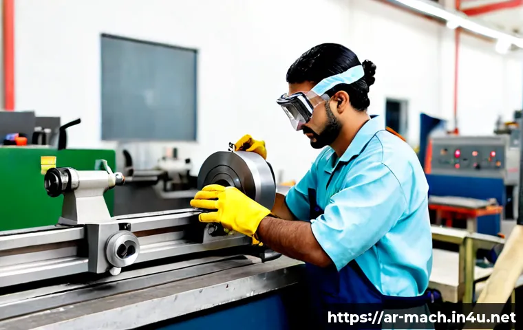 기계가공 실습 현장 후기 - Photorealistic vocational machining workshop practical session, Arab male trainee wearing safety gog...